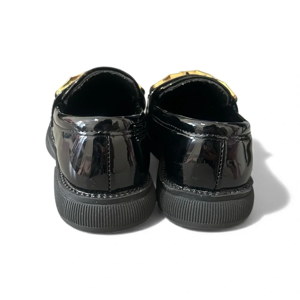 New Oamico Toddler Girls 7 Shiny Black Gold Buckle Slide On Loafer Dress Shoes